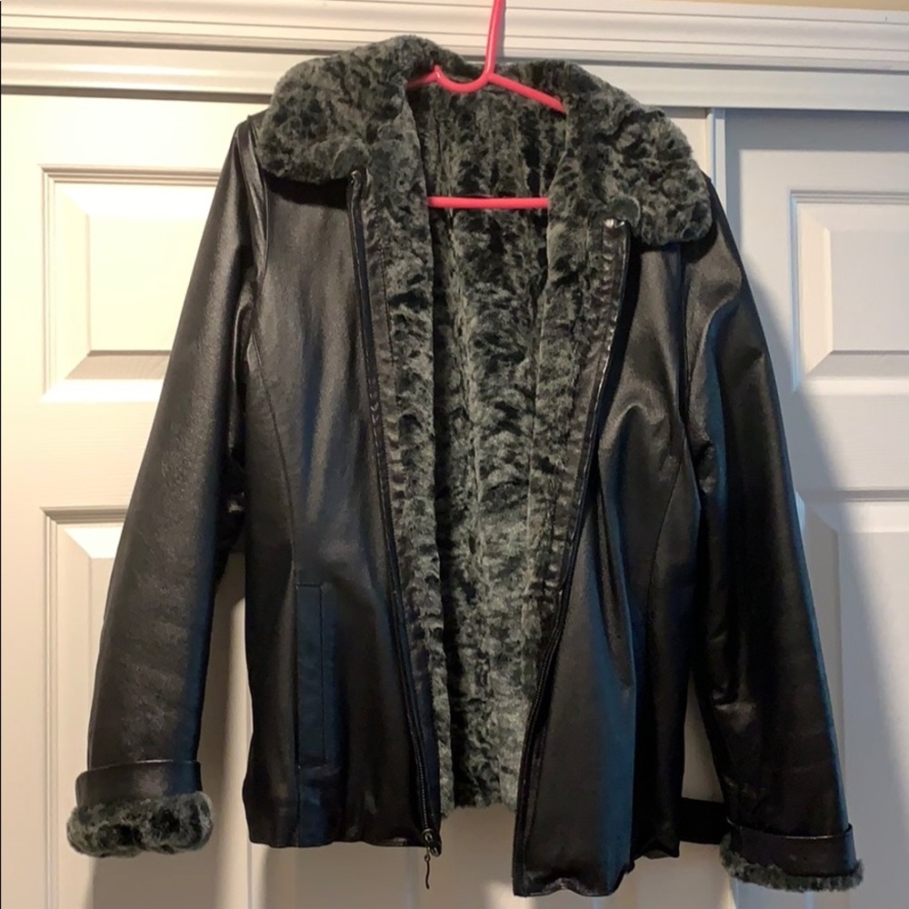 Reversible fur lined leather coat